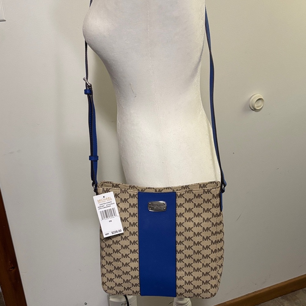 Michael Kors Beige MK Monogram Crossbody with Blue Stripe